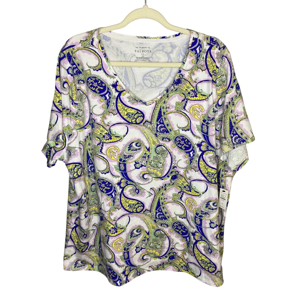 Talbots Plus Size‎ 3X Paisley V-Neck Short Sleeve Tee Purple Yellow Blue NWT